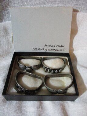Set 4 Vintage PEWTER METZKE NAPKIN RINGS Mermaid Nautical Seashell Sand Dollar